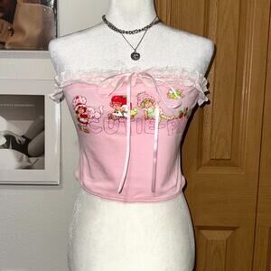 ROMWE Tube Top Womens Large Pink Strawberry Shortcake Graphic Ribbed Ruffle Trim